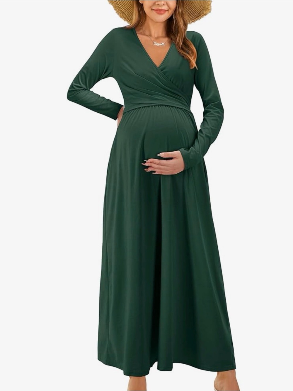 Women's Maternity Long Sleeve Wrap Maxi Dress - Deep Green